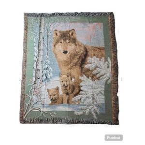 Vtg Wolves Pups Winter Scene Woven Tapestry Throw Blanket Approx 45x56" +fringe